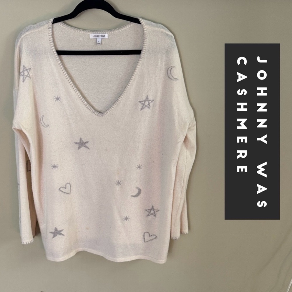 Johnny Was 100% Cashmere Cream V-Neck Sweater with Silver Motifs